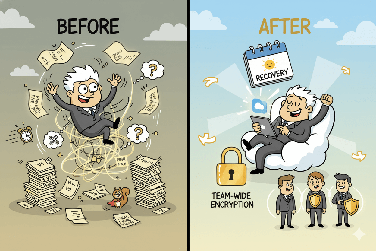 A split comparison shows a harried businessman before pCloud, then relaxed with team encryption and recovery benefits.