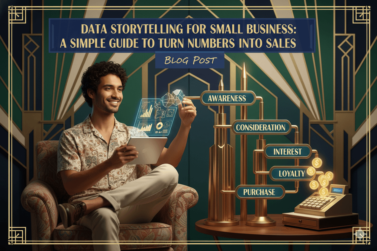 Un hombre vestido de forma informal sonríe mientras usa una tablet, visualizando de forma interactiva elementos de datos dentro de un diagrama estilizado del recorrido del cliente para entender la conversión de ventas.