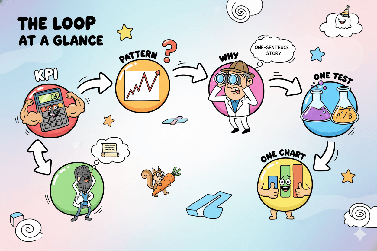 Un diagrama de flujo lúdico ilustra "El bucle de un vistazo", que representa un proceso de narración de datos en seis pasos, desde el KPI hasta las pruebas.