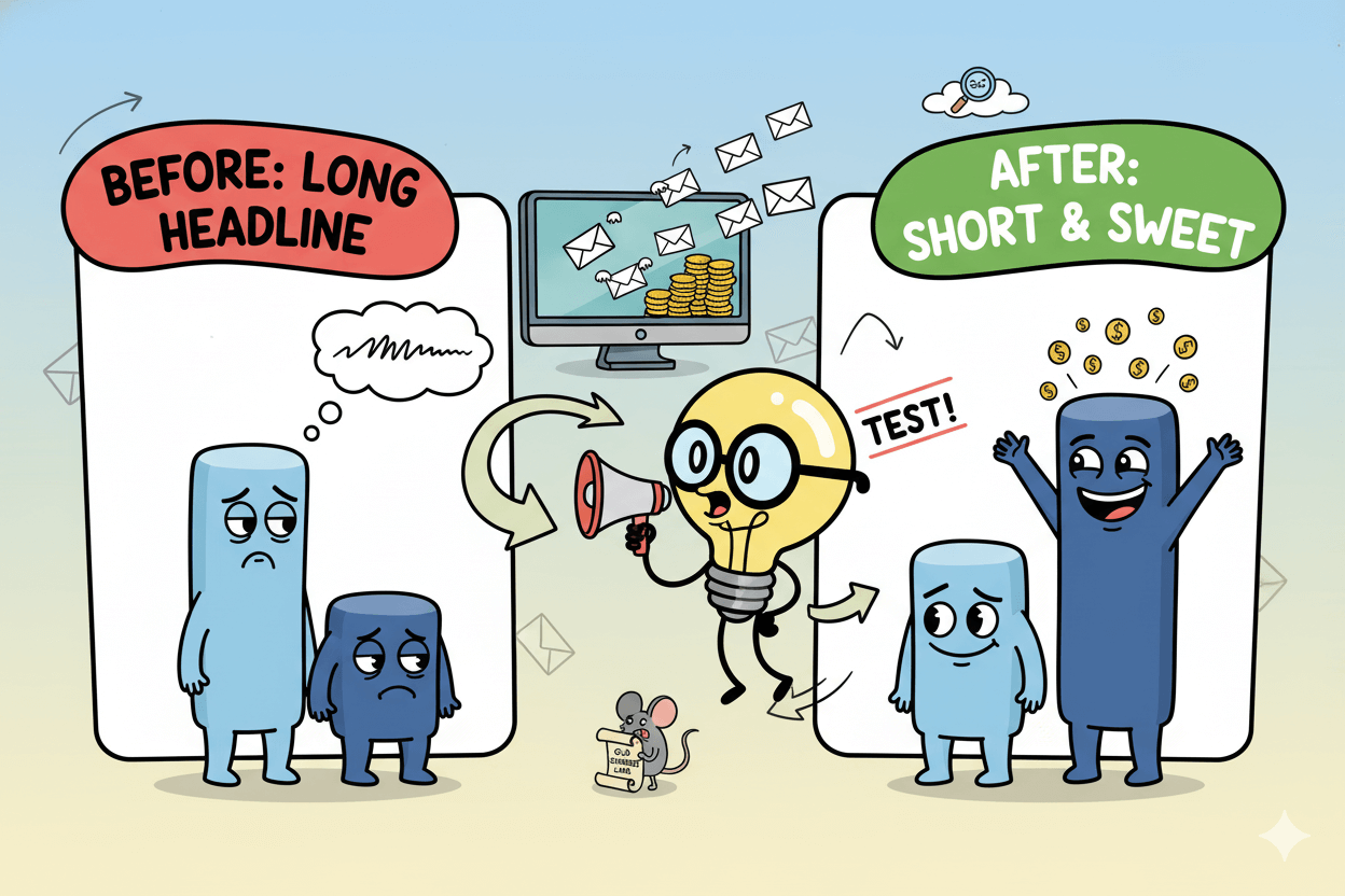 Un personaje de bombilla de dibujos animados con un megáfono compara las tasas de clics "antes" y "después", mostrando cómo un asunto más corto mejoró el rendimiento de la campaña de correo.