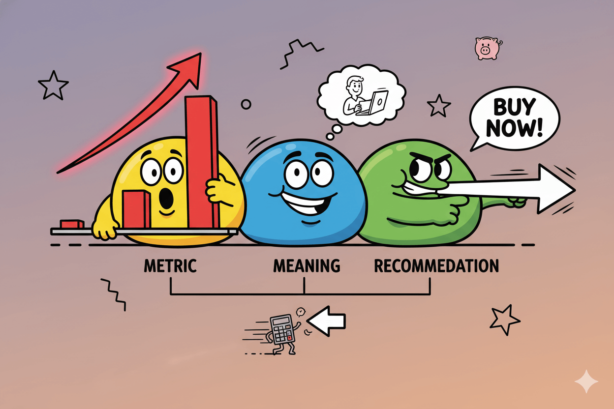 Tres personajes de dibujos animados ilustran una conversación de ventas en tres pasos: métrica, significado y recomendación, guiando las ideas hacia la acción.