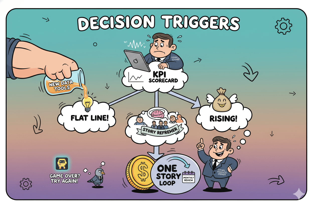 Un diagrama de flujo lúdico muestra a un hombre estresado monitorizando un "cuadro de puntuación KPI" y decidiendo si añadir herramientas o actualizar la narración cuando se enfrenta a datos planos.