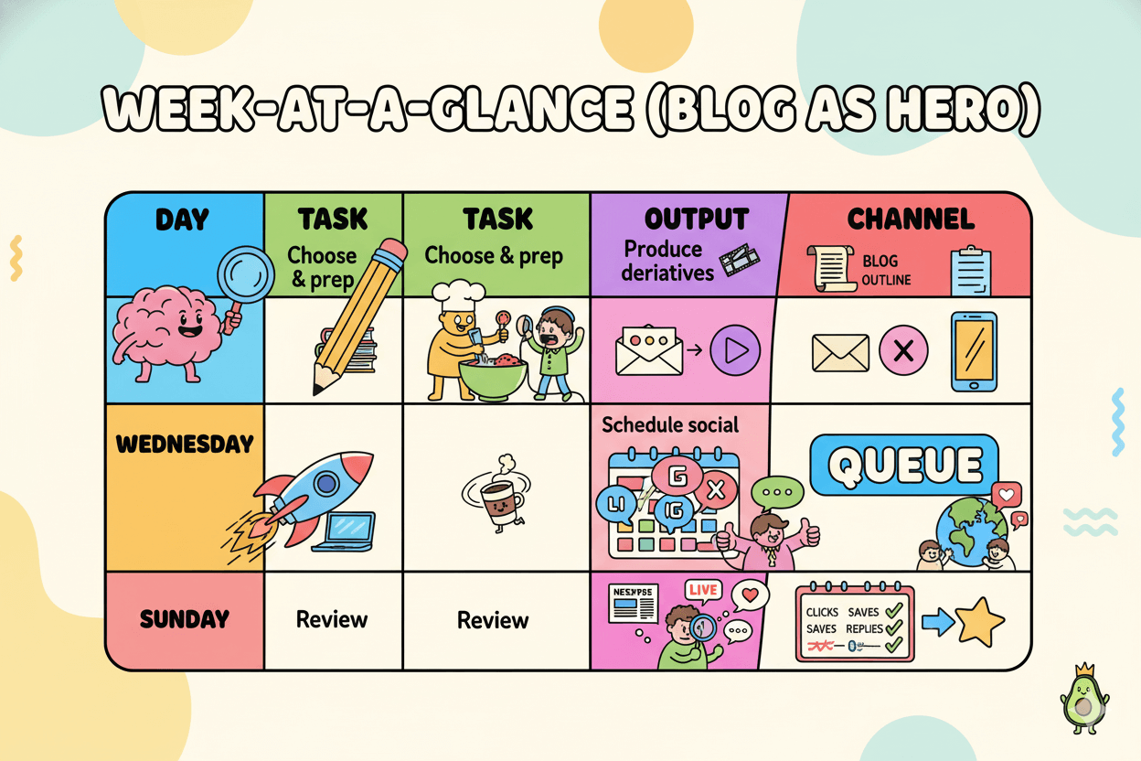 Una tabla con columnas para día, tarea, salida y canal muestra un flujo de trabajo que reutiliza contenido, con un blog como recurso central.