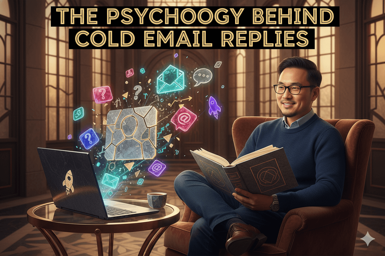 Un hombre asiático sonriente lee un libro sentado en una silla con un portátil a su lado, mostrando iconos de email marketing para una miniatura de una entrada de blog sobre la psicología del correo electrónico en frío.