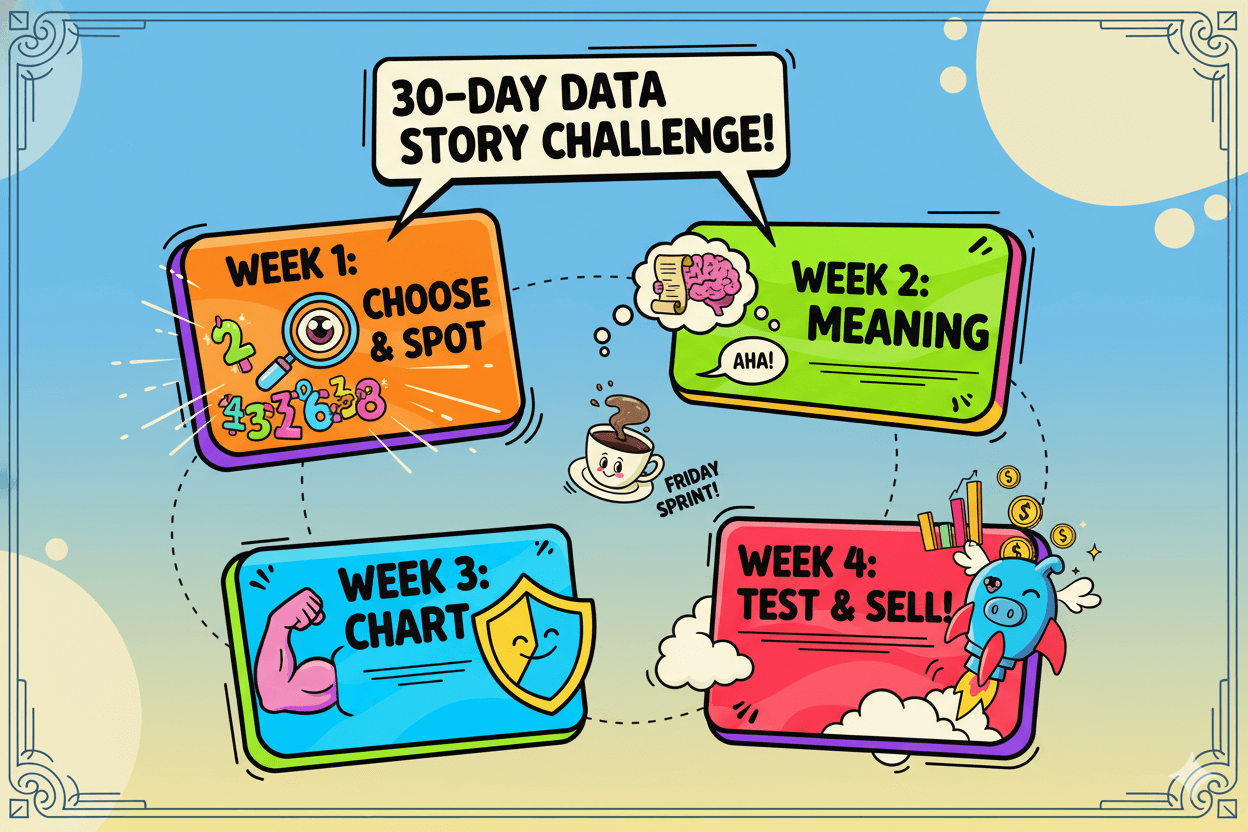 Un diagrama de flujo de retos de historias de datos de 30 días con cuatro pasos coloridos para practicar la narración y convertir números en ventas.
