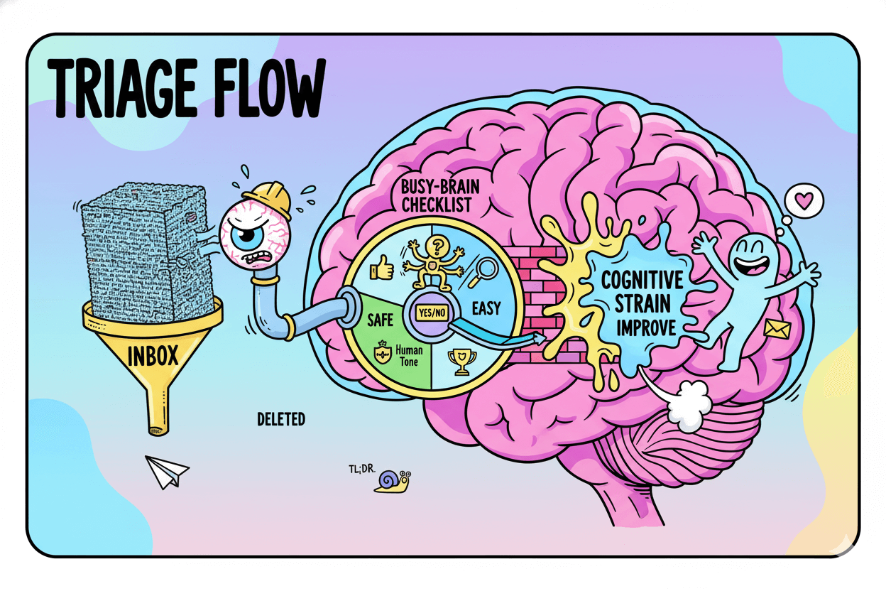 Un cerebro de dibujo animado procesa correos electrónicos a través de un diagrama de "flujo de triaje", mostrando la tensión cognitiva por mensajes densos y el beneficio de respuestas rápidas y sencillas.