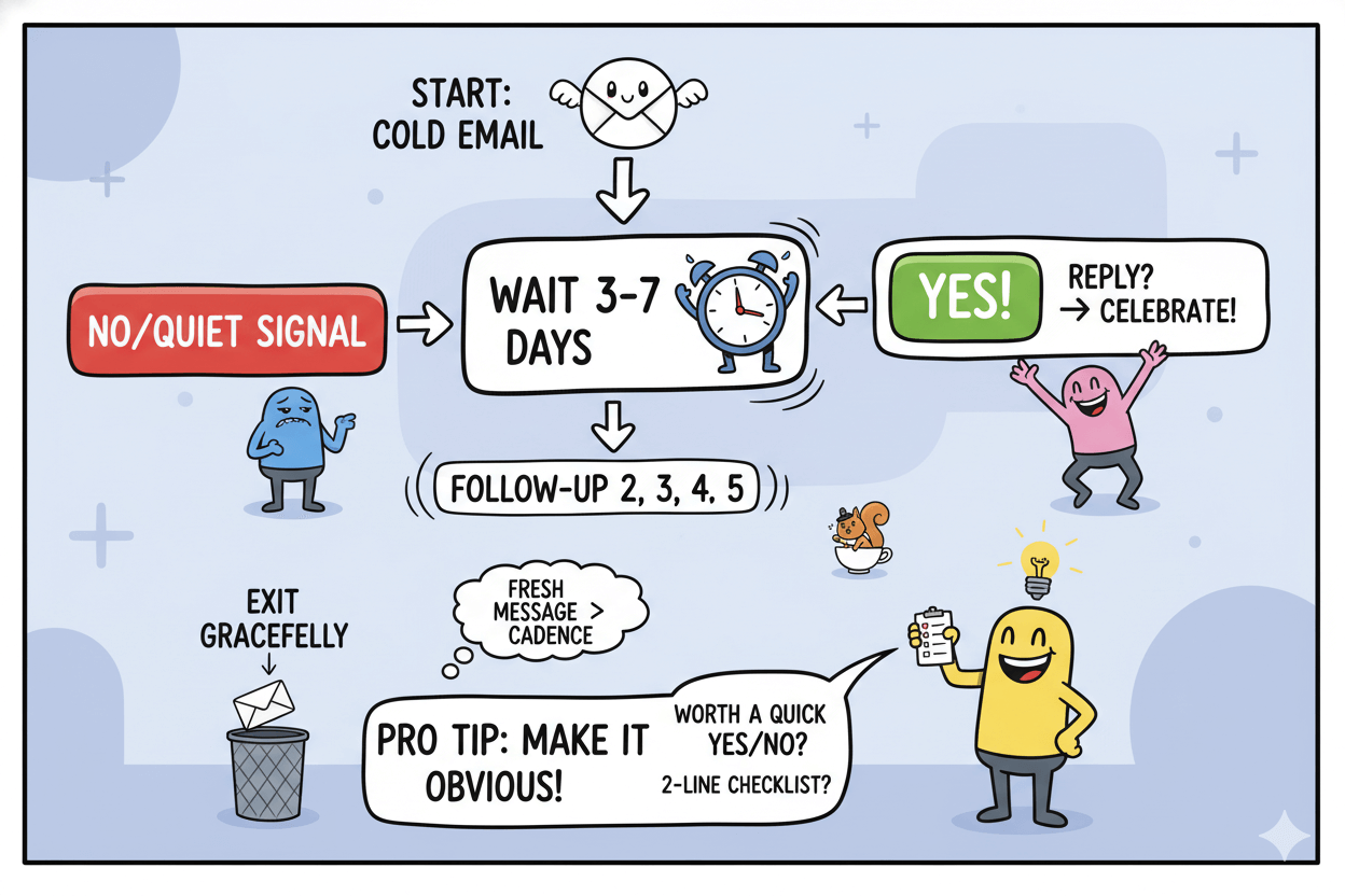 Un diagrama de flujo humorístico muestra los periodos de espera ideales y las estrategias de seguimiento para la comunicación por correo electrónico en frío, explicando cuánto tiempo esperar entre toques.