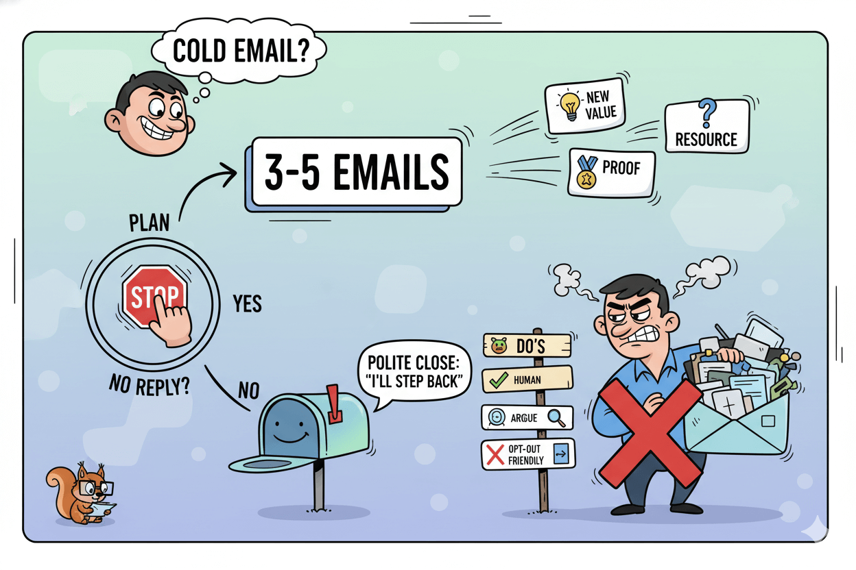 Un diagrama de flujo de proceso humorístico muestra a una persona pensando en un correo frío, lo que lleva a pasos para 3-5 correos con nuevo valor, y luego un punto de decisión sobre si parar o enviar un correo de cierre educado.