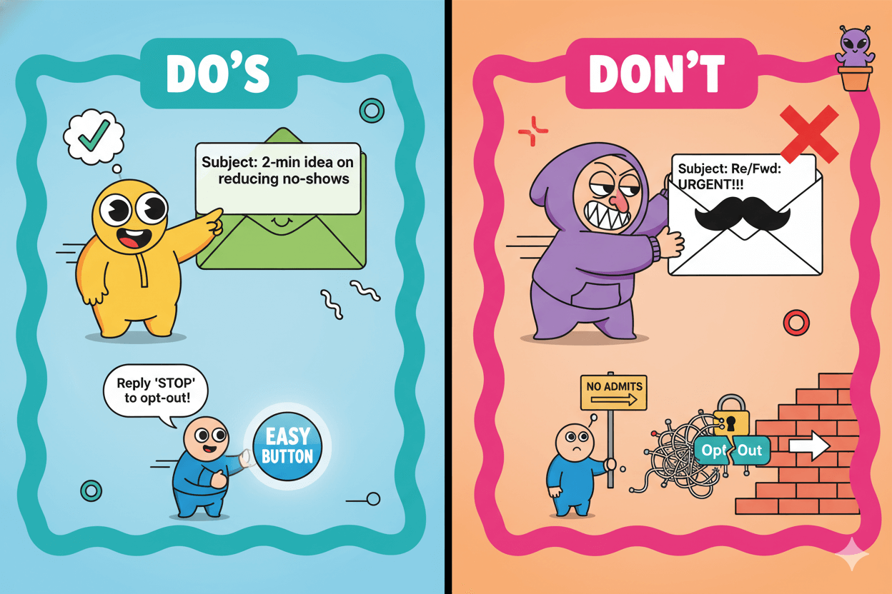 Una comparación de dibujos animados entre lo que se debe y no se debe hacer por correo electrónico, mostrando buenas líneas de asunto y opciones fáciles de excluir frente a tácticas engañosas.