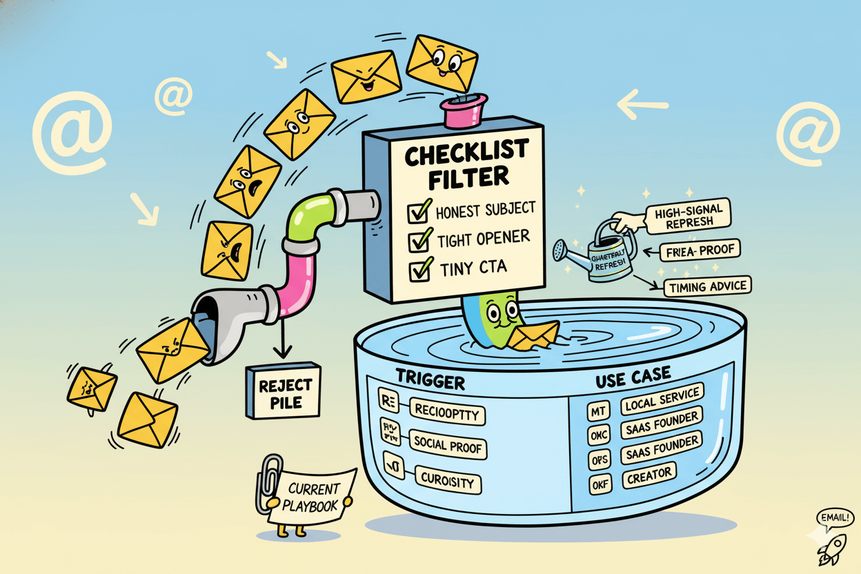 Un diagrama de flujo caprichoso ilustra los correos electrónicos que pasan por un filtro de lista de verificación y se clasifican en un archivo de deslizamiento según el desencadenante y el caso de uso.