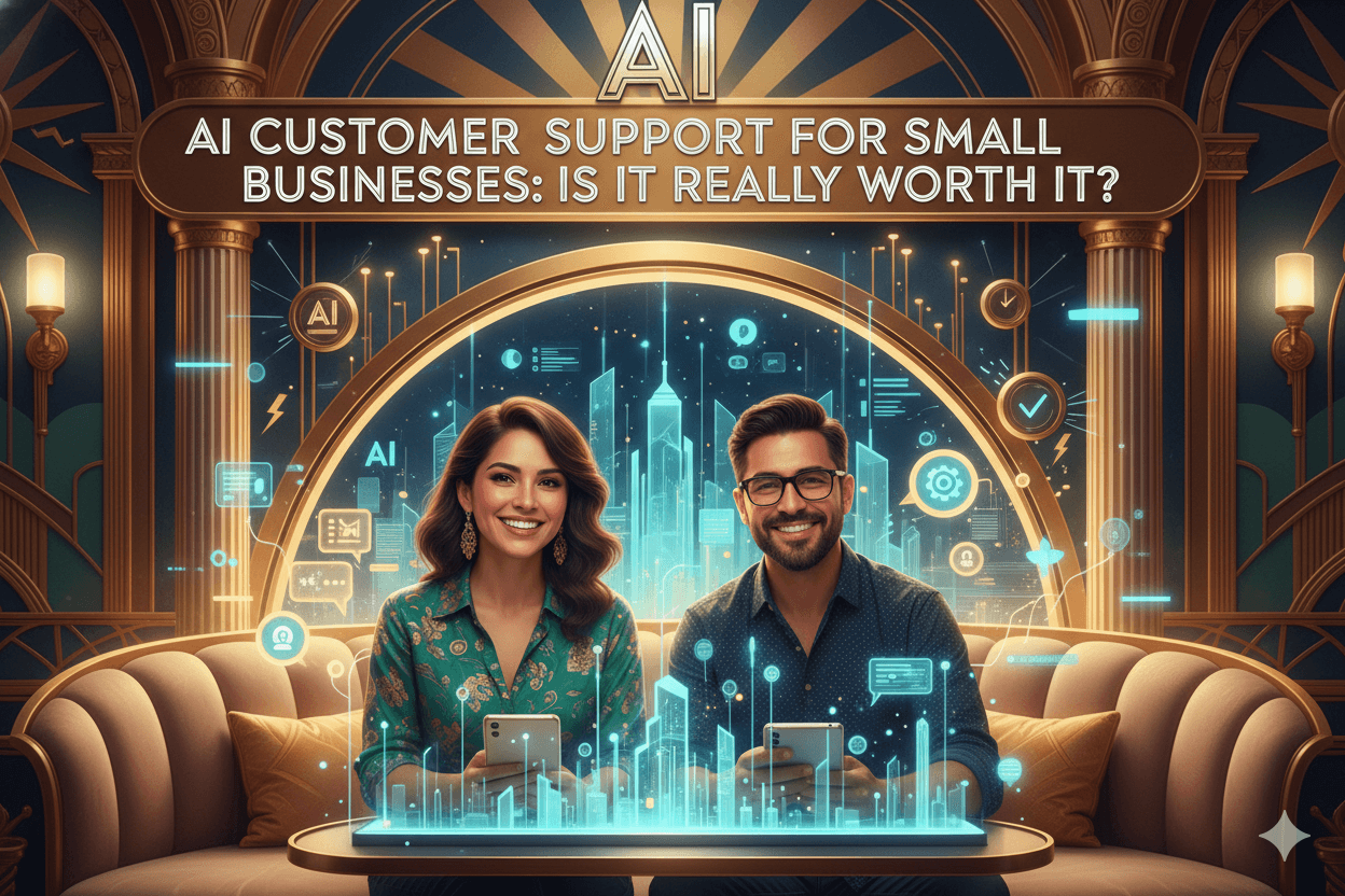 Una pareja sonriente está sentada en un sofá, rodeada de interfaces de IA brillantes, ilustrando el servicio de atención al cliente de IA para pequeñas empresas.