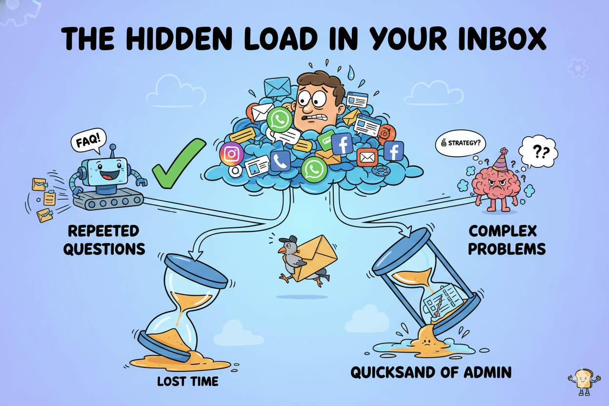 Un diagrama de flujo ilustra a una persona abrumada por diversos mensajes de atención al cliente, clasificándolos en preguntas repetidas y problemas complejos.