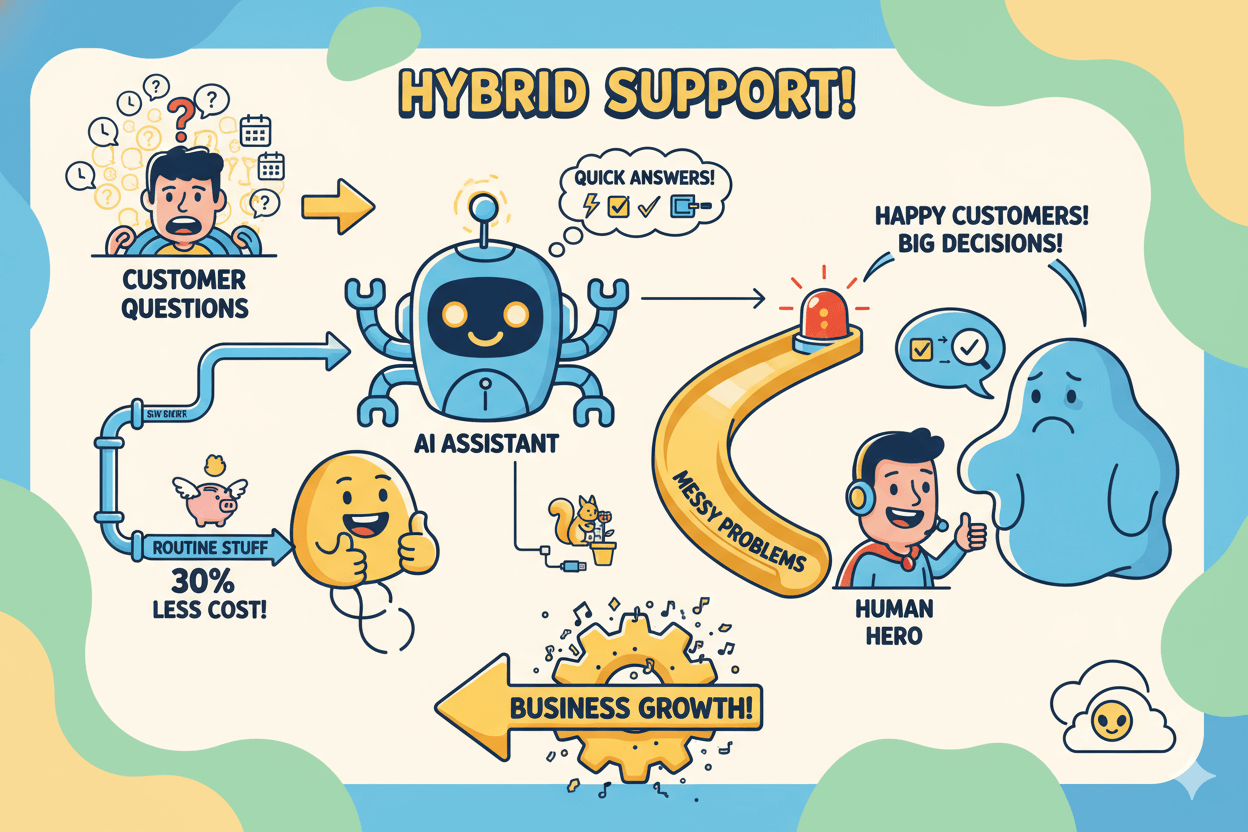 Un diagrama de flujo caprichoso explica visualmente un modelo híbrido de atención al cliente, mostrando a la IA gestionando tareas rutinarias y a humanos resolviendo problemas complejos.