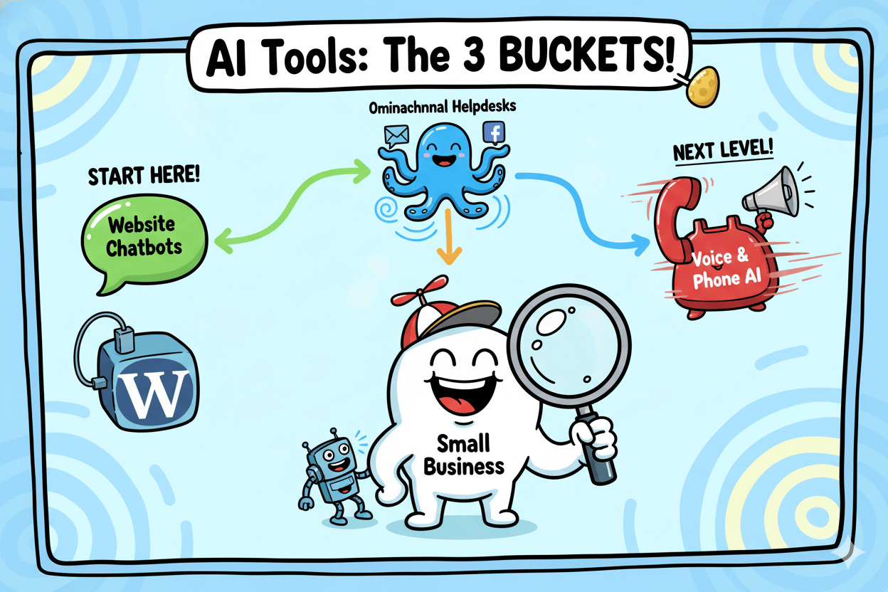 Un diagrama de flujo de dibujos animados muestra a un pequeño empresario navegando por "Herramientas de IA: Los 3 Cubos" con chatbots web, helpdesks omnicanal y IA de voz.