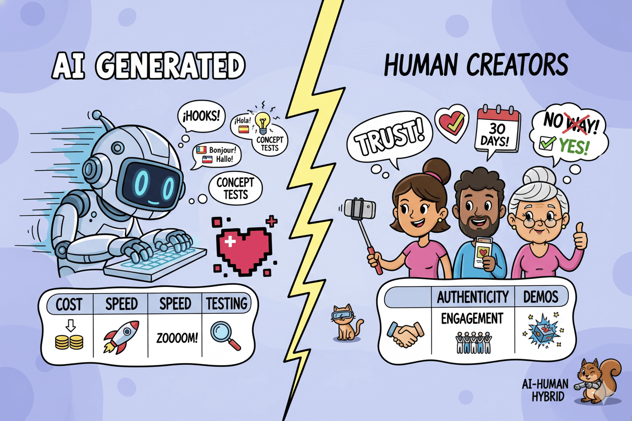 Un gráfico comparativo de fragmentos ilustra las fortalezas de la UGC generada por IA frente a la de creadores humanos para campañas de marketing combinadas.