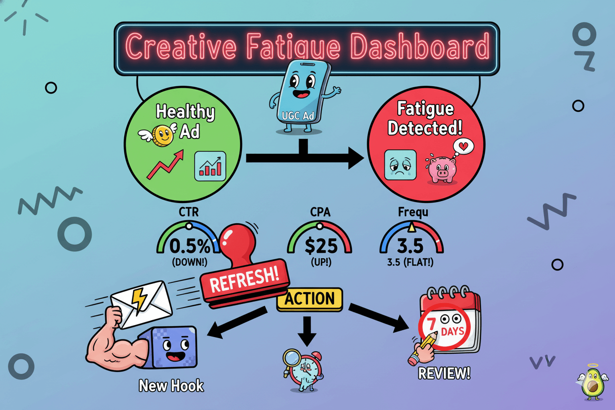 Un diagrama de flujo de triaje de dibujos animados explica cómo identificar y actualizar los anuncios de UGC que muestren fatiga creativa.