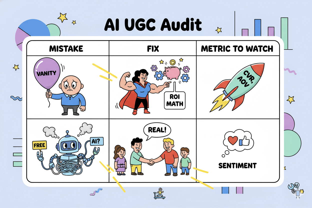 Una tabla de dibujos animados ilustra errores comunes en la medición de UGC en IA, sus correcciones y métricas clave a seguir.
