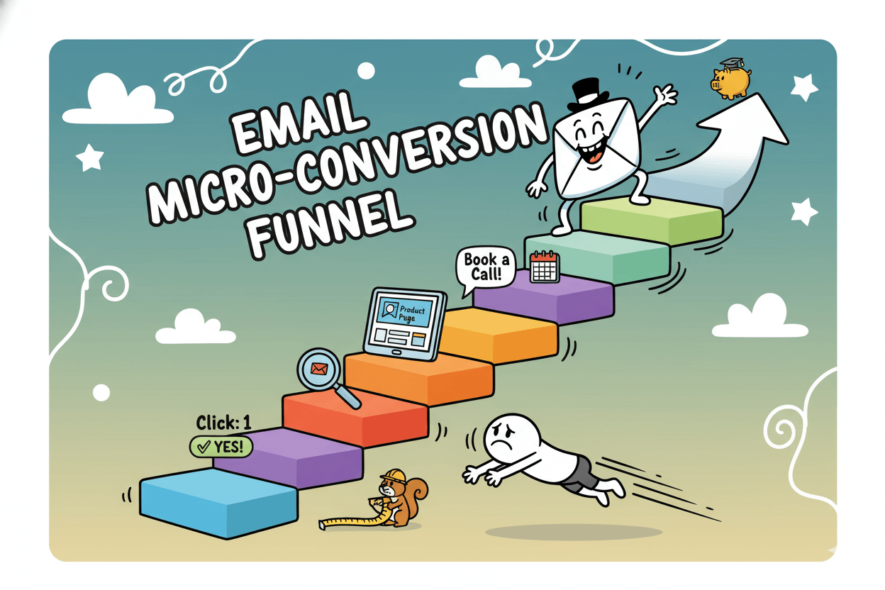Un hombre de dibujos animados sube una escalera de metas de microconversión, que representan los pasos progresivos de una serie de correos electrónicos.