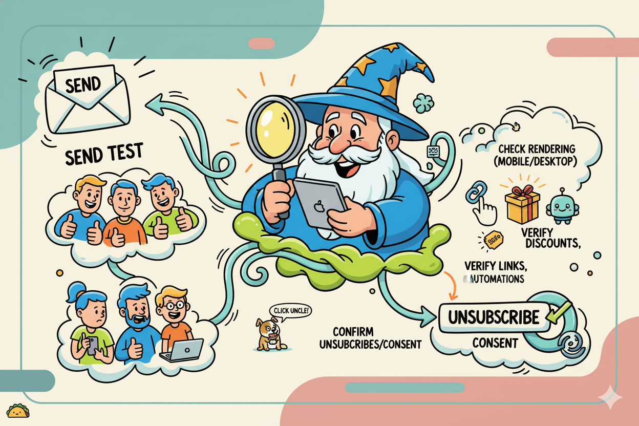 Un diagrama de flujo divertido muestra un asistente que prueba correos electrónicos para renderizados, enlaces, descuentos y consentimiento antes de desplegarlos a la audiencia.