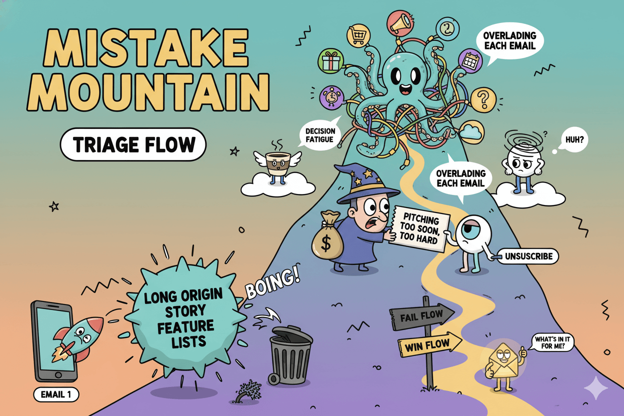 Un diagrama de flujo de triaje divertido titulado "Montaña de errores" ilustra los errores comunes de la serie de bienvenida que hay que evitar en el email marketing.