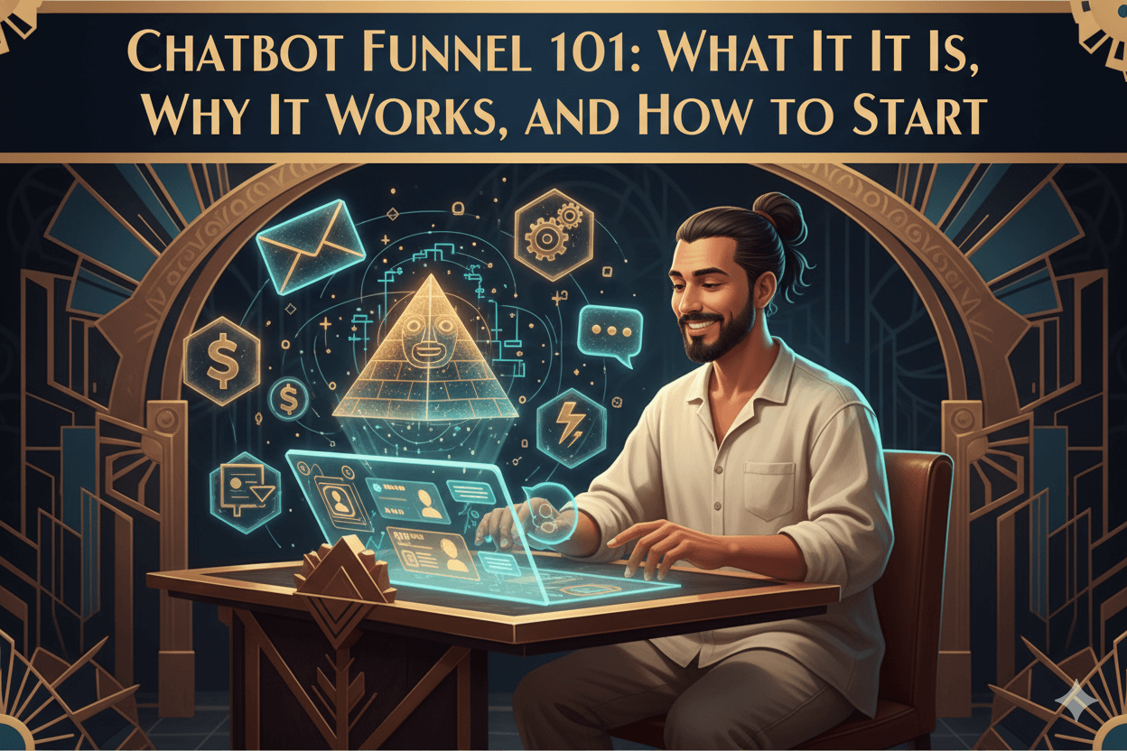 Un hombre utiliza un chatbot para diseñar una página de destino, rodeada de iconos de comunicación digital y finanzas, ilustrando el proceso de embudo del chatbot.