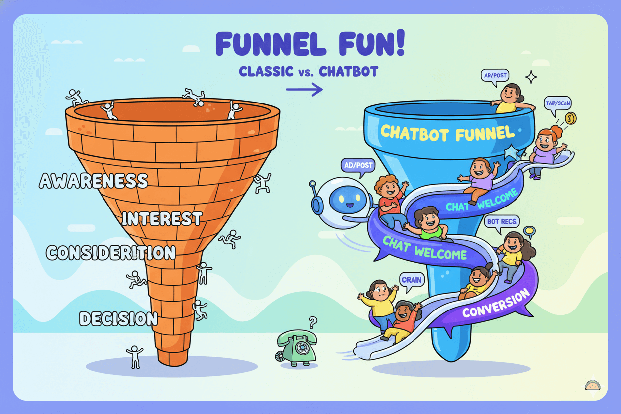 Una divertida imagen comparativa muestra un embudo clásico de marketing y un embudo de chatbot, ilustrando cómo ambos guían a los usuarios hacia la conversión.