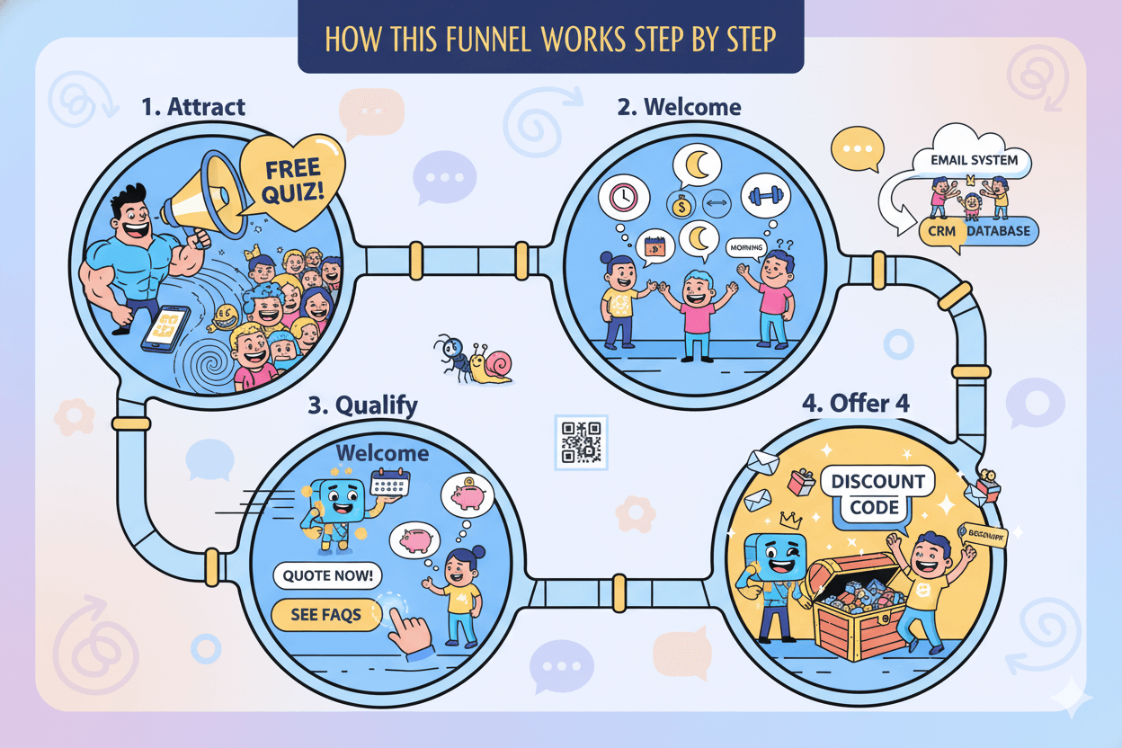 Un diagrama de flujo divertido de cuatro pasos explica visualmente cómo funciona un embudo de chatbot, desde atraer usuarios hasta hacer una oferta.