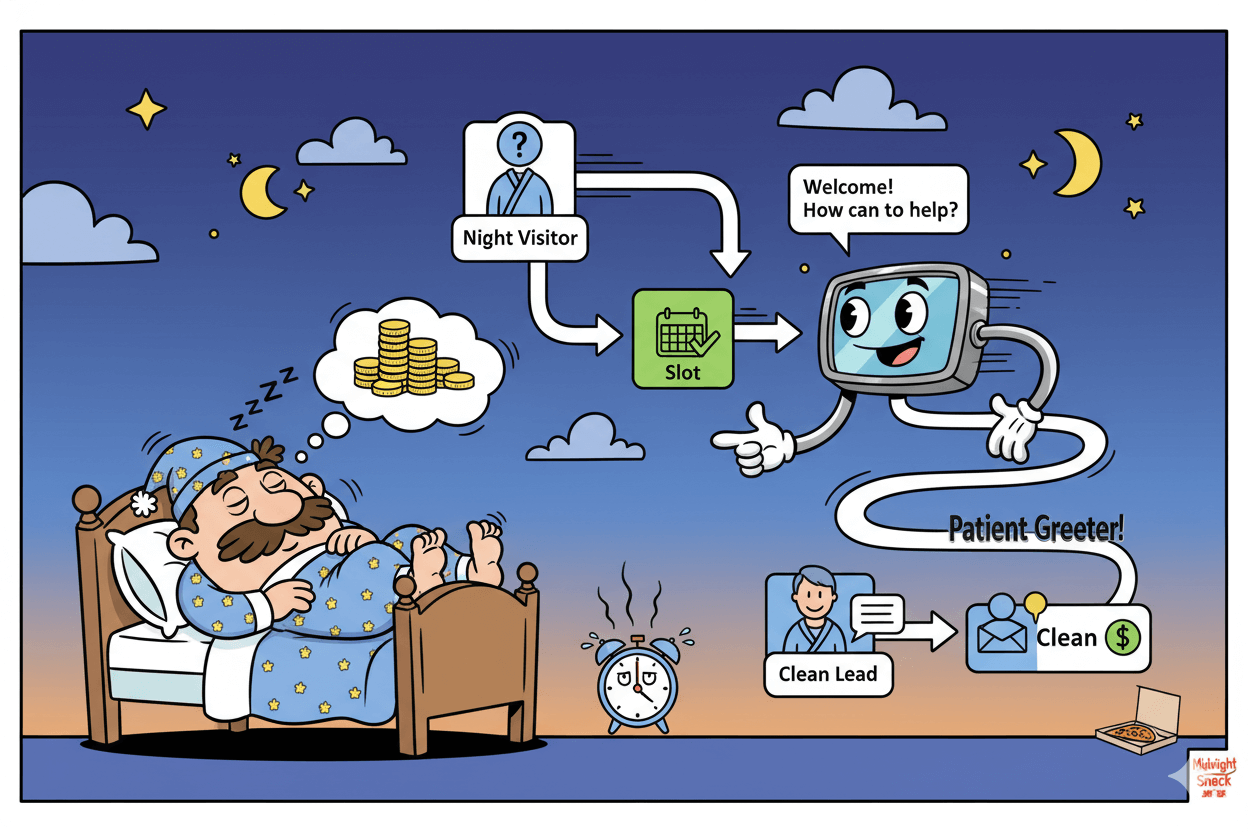 Un diagrama de flujo lúdico muestra a un pequeño empresario dormido mientras un chatbot genera clientes potenciales de forma constante, enfatizando la ventaja de "siempre activo".