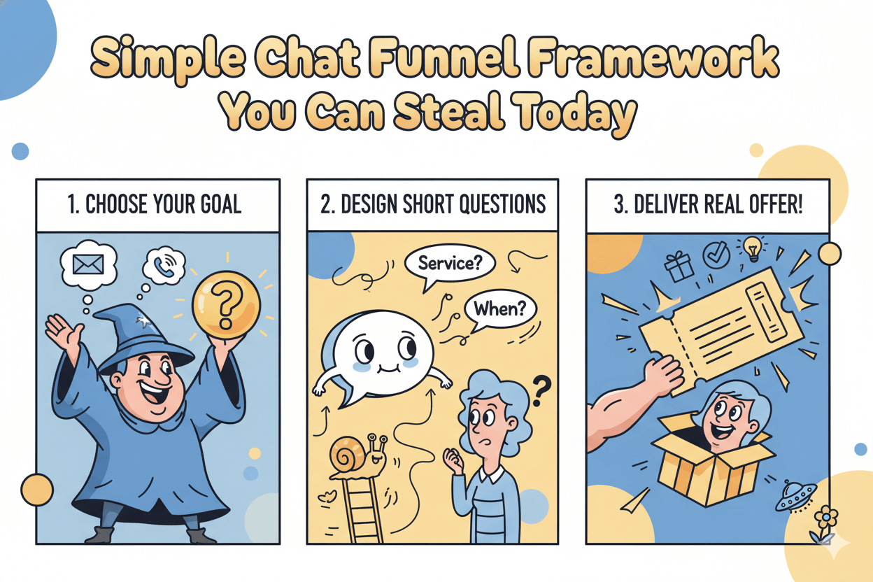 Una caricatura de tres viñetas divertida ilustra un sencillo marco de embudo de chatbot: elegir un objetivo, hacer preguntas breves y entregar una oferta real.