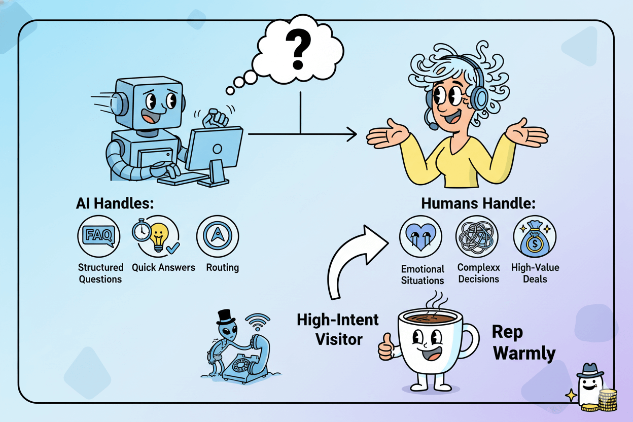 Un diagrama de flujo humorístico muestra a un robot atendiendo preguntas simples y a un humano tomando el control en situaciones complejas o emocionales de conversación.