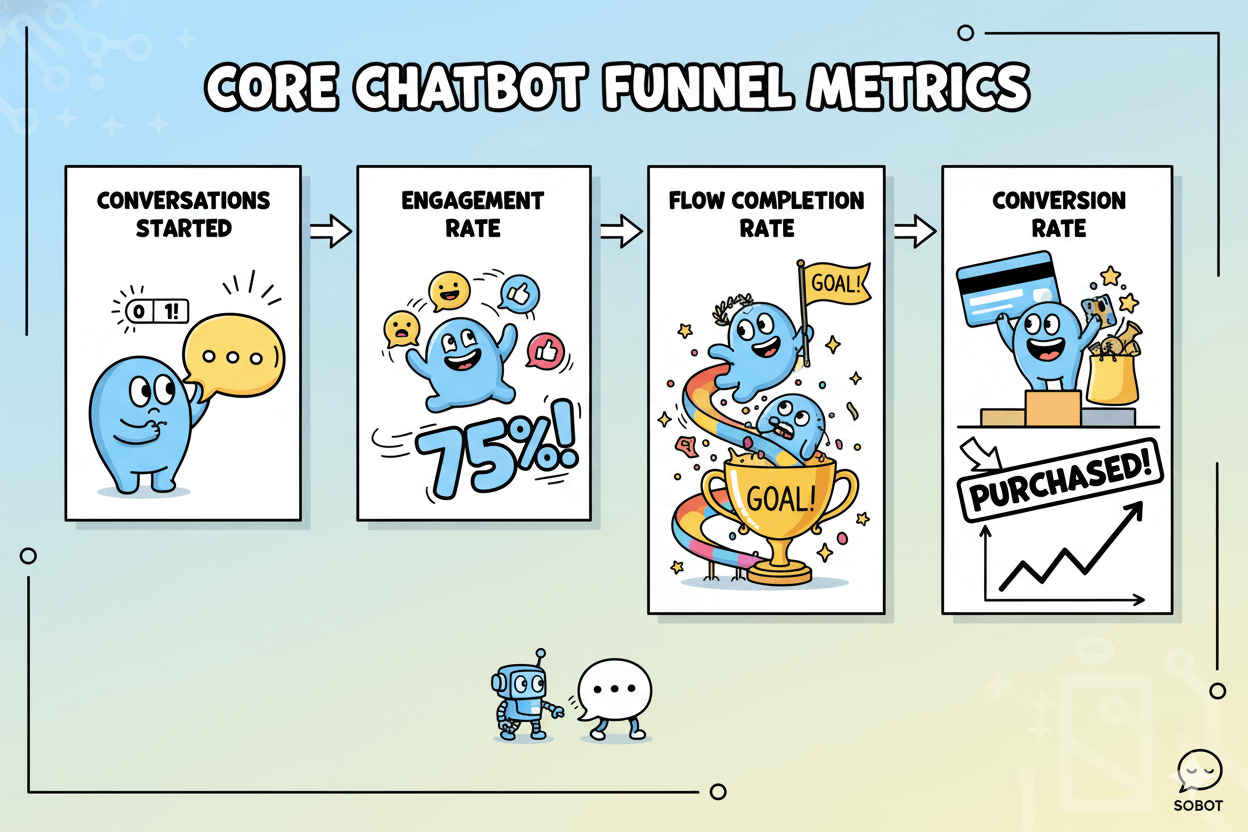 Una viñeta de cuatro viñetas ilustra las métricas principales del embudo de chatbots: conversaciones iniciadas, tasa de interacción, finalización del flujo y tasa de conversión.