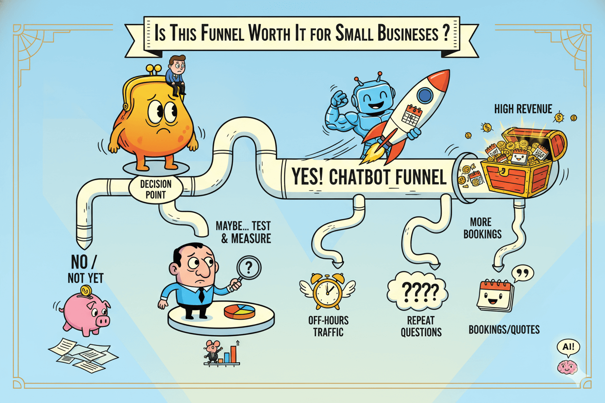 Un diagrama de flujo humorístico muestra a un pequeño empresario decidiendo si merece la pena un embudo de chatbot, lo que conduce a resultados como altos ingresos.