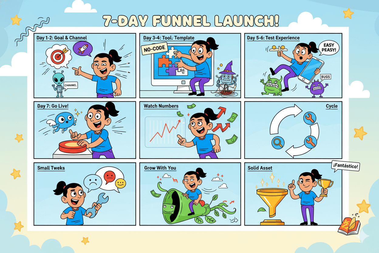 Un storyboard de 9 viñetas ilustra un plan de siete días para lanzar un embudo de chatbot, desde la fijación de objetivos hasta la puesta en marcha.