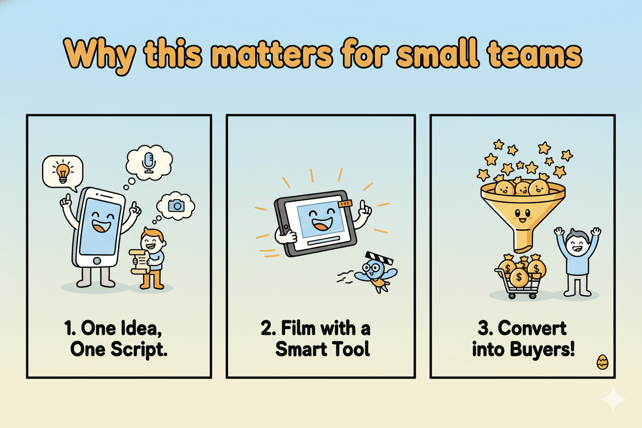 Un diagrama de flujo de tres viñetas que muestra pasos sencillos para que equipos pequeños creen vídeos y conviertan espectadores en compradores