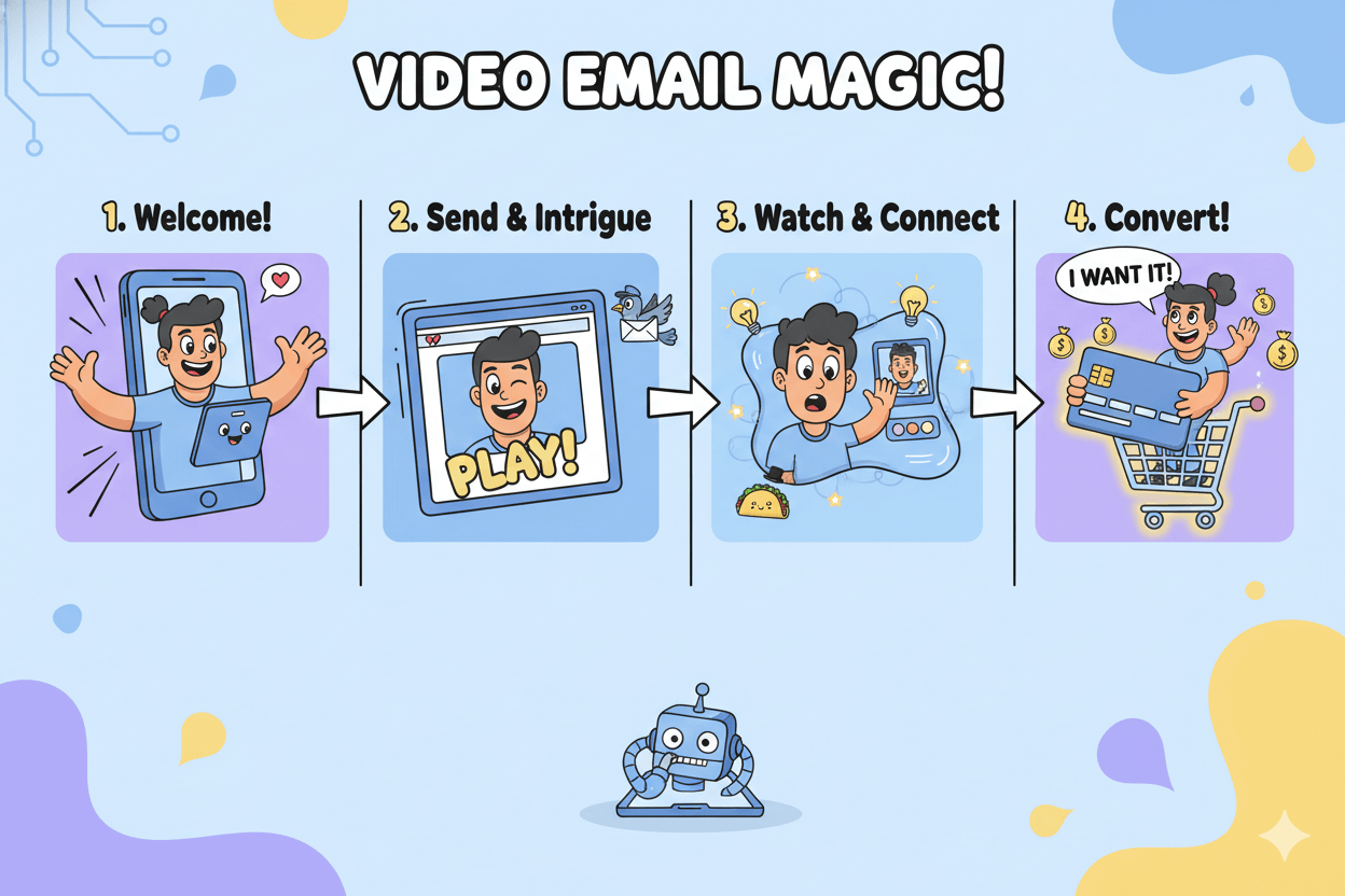 Un diagrama de flujo de proceso divertido de 4 pasos que explica visualmente cómo el correo electrónico en vídeo fomenta los contactos desde la bienvenida hasta la conversión