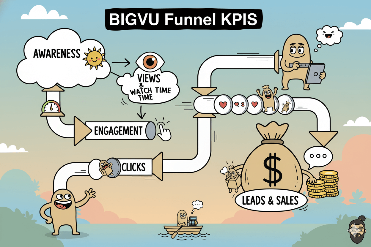 Un diagrama de flujo divertido que ilustra un embudo de vídeo de BIGVU y los KPIs sencillos a seguir, como visualizaciones, interacción y ventas.
