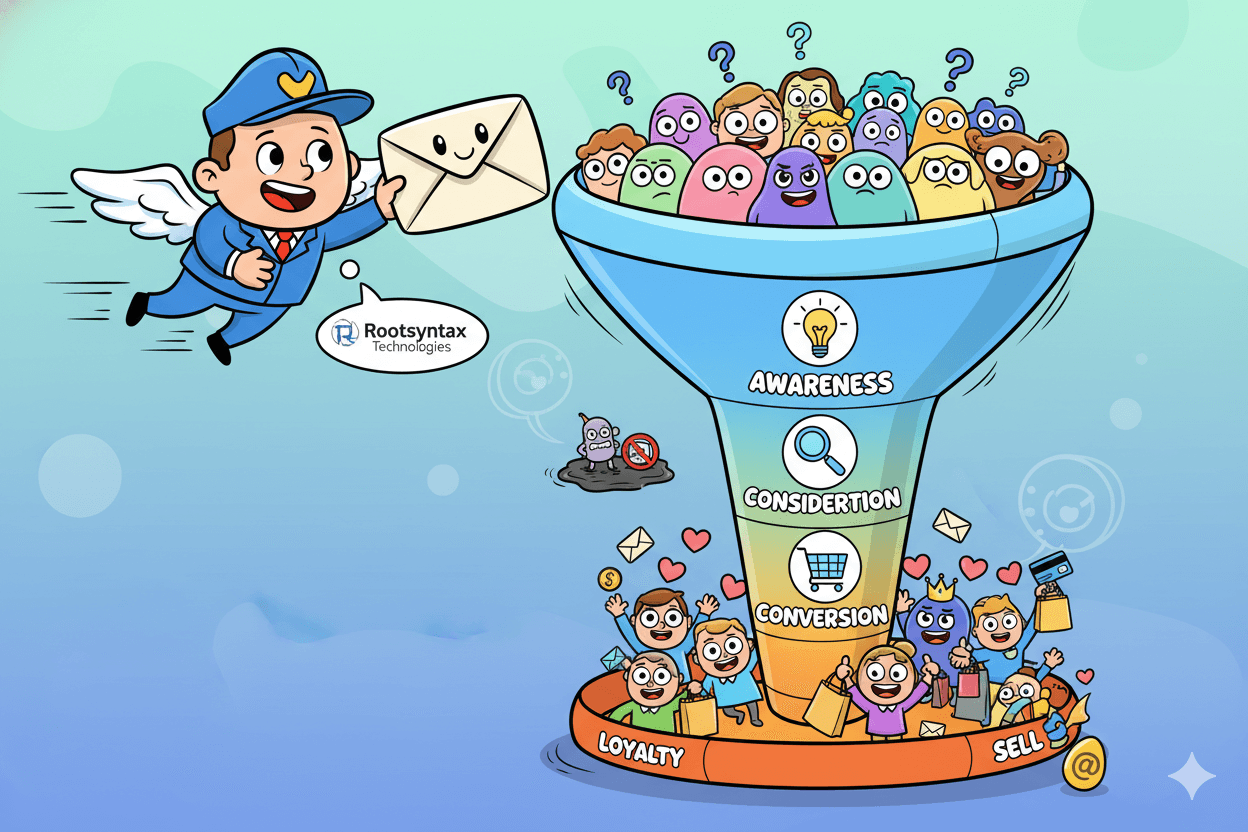 Un cartero de dibujos animados guía a los suscriptores hacia un embudo de correo electrónico que les guía a través de etapas de concienciación, reflexión y conversión.