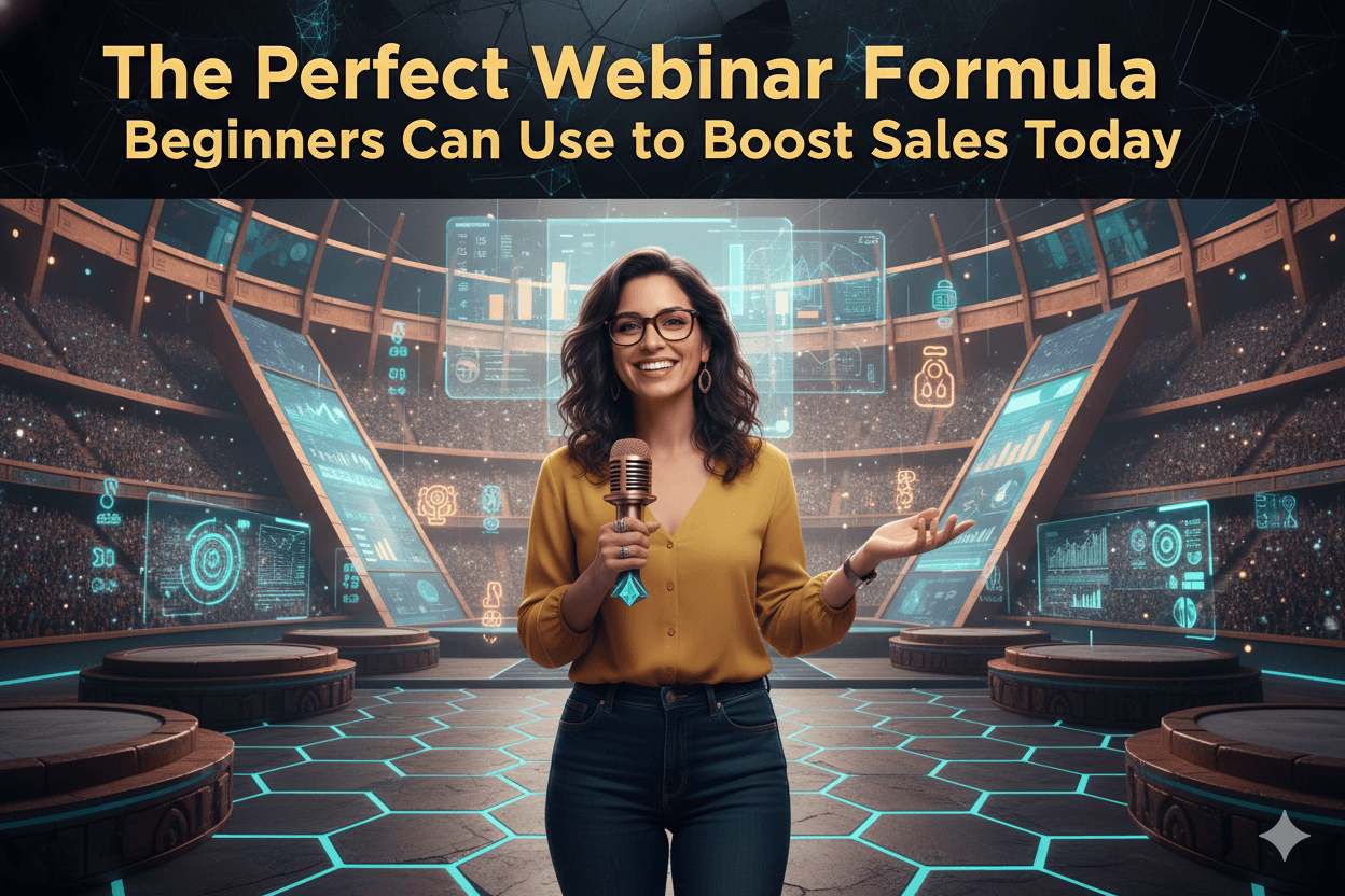 Mujer mexicana sonriente con gafas practica en el escenario de un estadio con micrófono, ilustrando un seminario web para principiantes y así aumentar las ventas