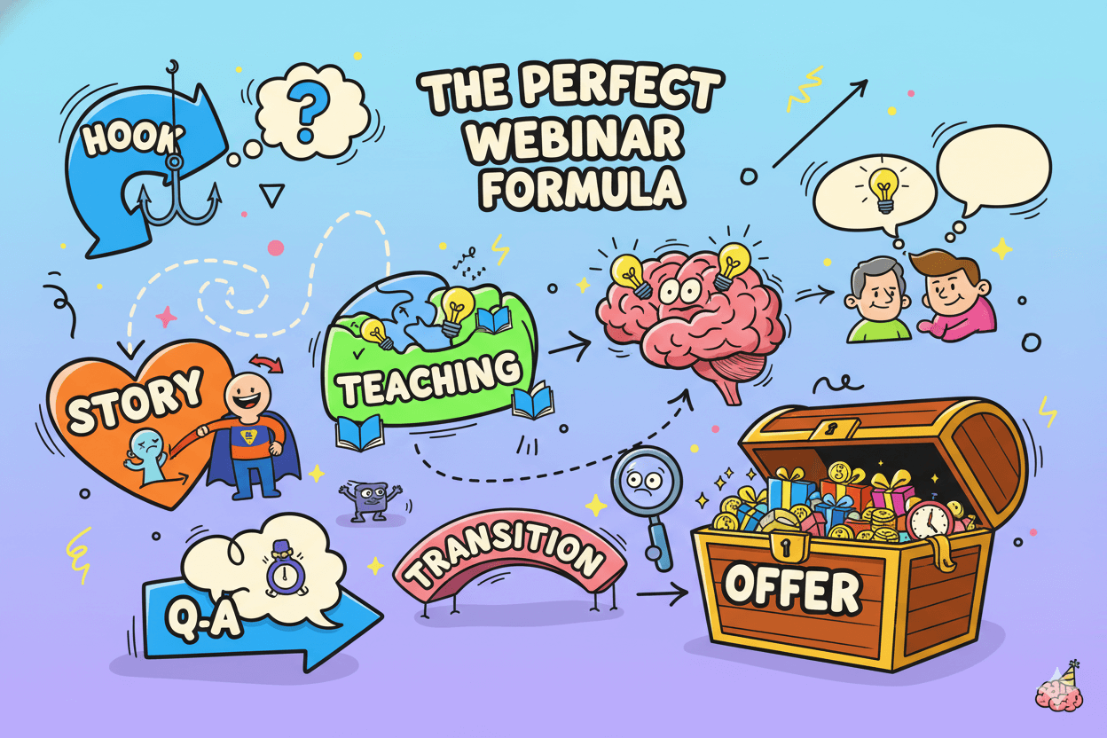 Un diagrama de flujo caprichoso descompone visualmente la fórmula perfecta del seminario web en pasos clave, ayudando a la memoria y la comprensión.