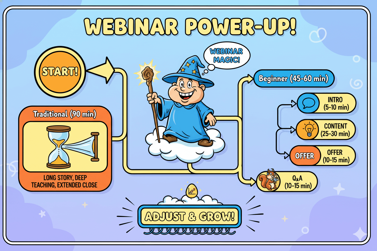 Un diagrama de flujo divertido con un asistente guía un seminario web para principiantes desde el inicio hasta segmentos ajustables, mostrando la duración ideal de las sesiones