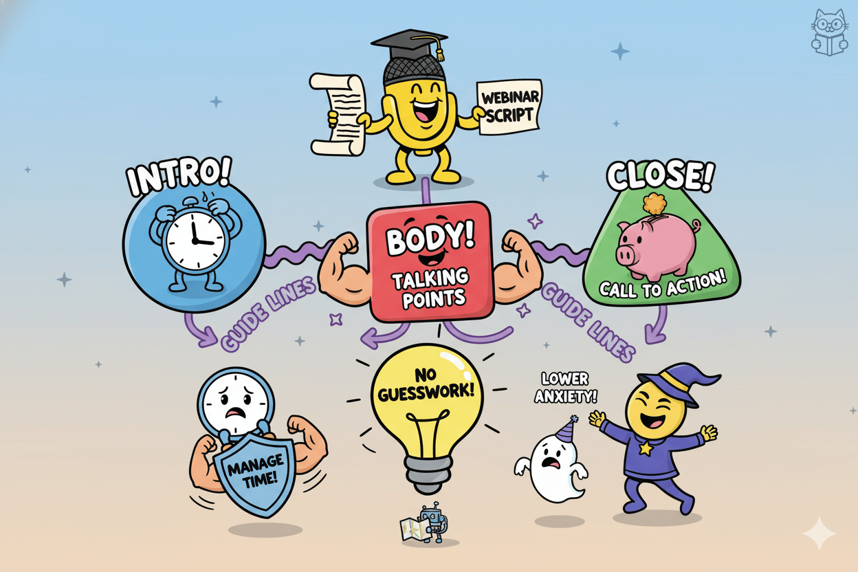 Un diagrama de flujo divertido ilustra un guion de seminario web con secciones de introducción, cuerpo y cierre, enfatizando la reducción de conjeturas y ansiedad