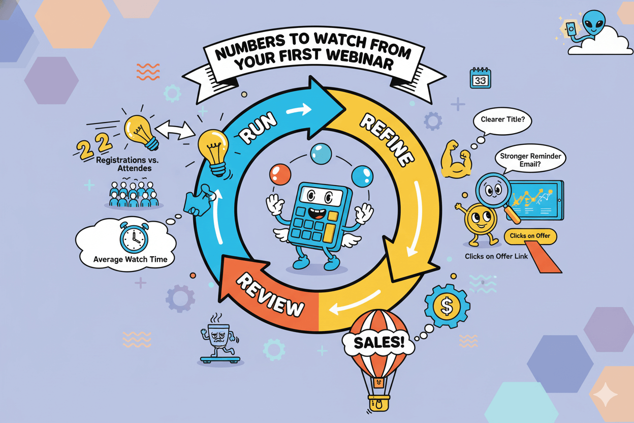 Un diagrama de flujo lúdico ilustra un bucle de webinar "ejecutar, revisar, refinar" con personajes de dibujos animados monitorizando métricas clave de rendimiento.