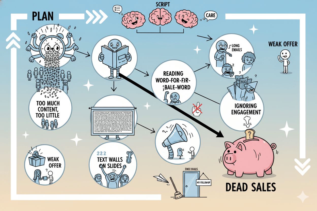 Un diagrama de flujo lúdico ilustra errores comunes en los seminarios web, como demasiado contenido y ofertas débiles, que conducen a ventas sin éxito.