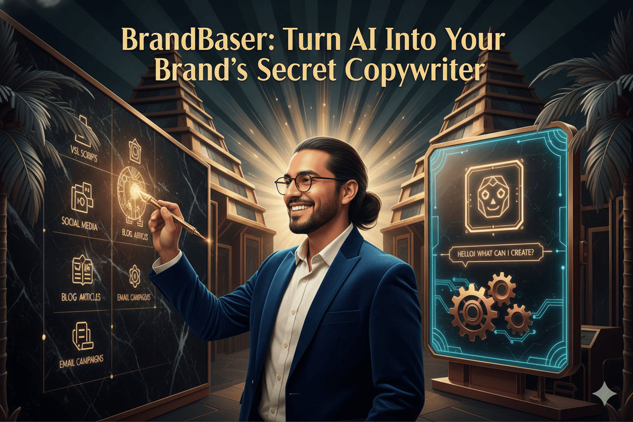 Imagen Art Deco de un hombre sonriente con coleta y gafas escribiendo en una pared luminosa, ilustrando la creación de contenido con IA.