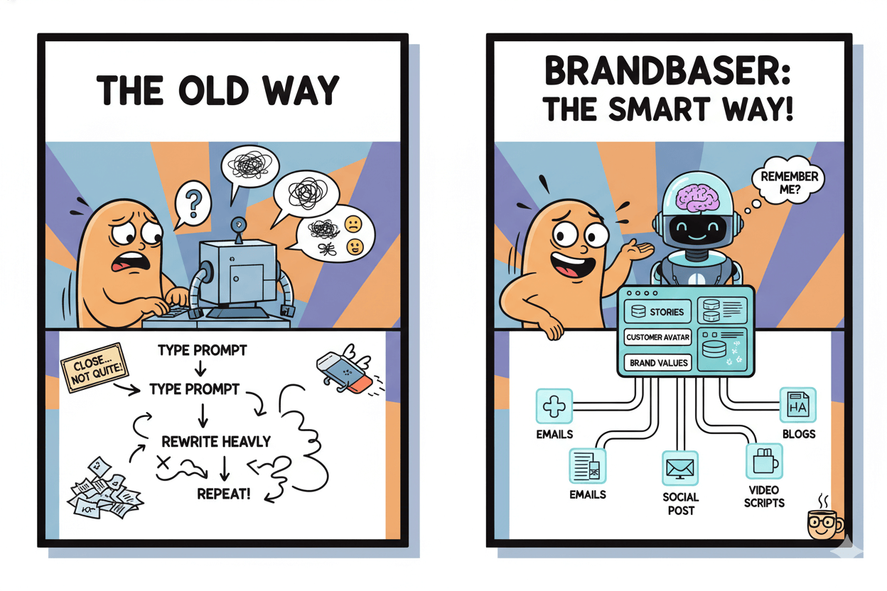 Una comparación dividida de dibujos animados entre la frustrante creación de contenido de IA "a la antigua" y la "forma inteligente" usando BrandBaser.