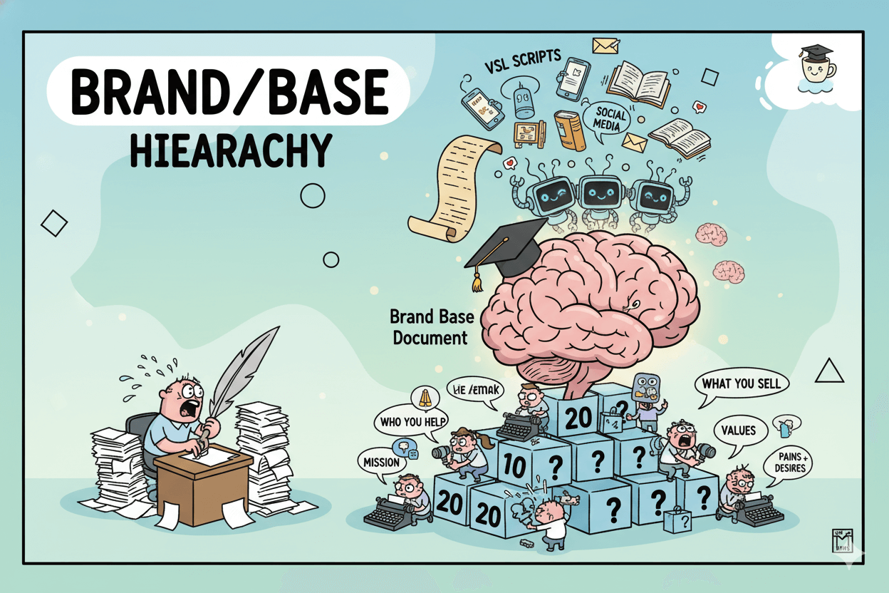 Una divertida jerarquía de dibujos animados muestra figuras diminutas respondiendo a 20 preguntas, formando un cerebro de "Base de Marca" que impulsa la creación de contenido con IA.