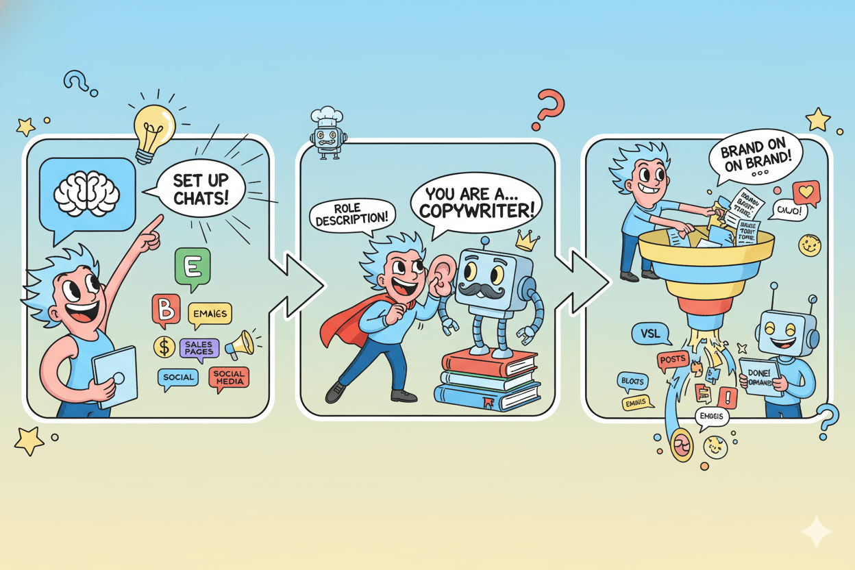 Un panel de 3 pasos de dibujos animados muestra cómo configurar proyectos de IA, asignar roles de IA y proporcionar información de la base de marca de IA.
