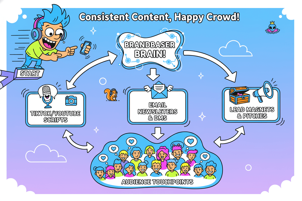 Un diagrama de flujo caprichoso muestra cómo BrandBaser ayuda a los influencers a crear contenido consistente, lo que conduce a puntos de contacto con la audiencia comprometida.