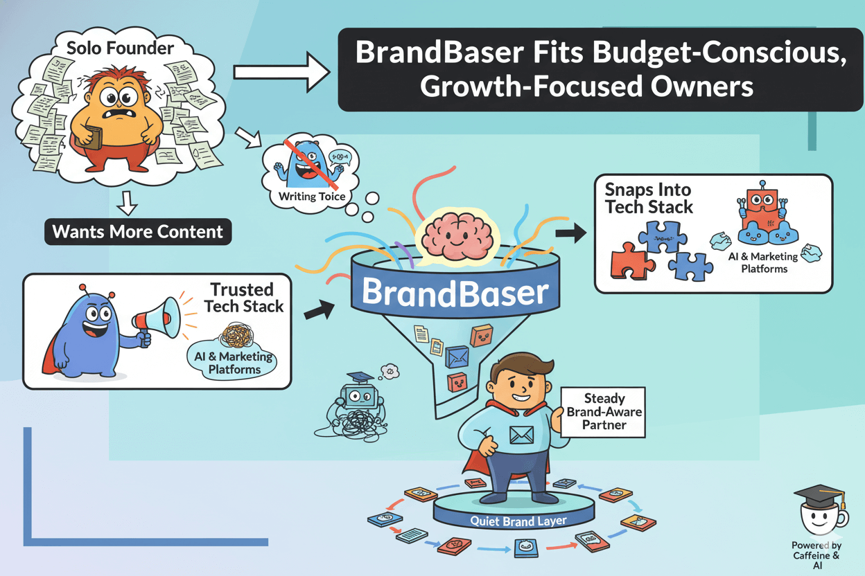 Un diagrama de flujo lúdico explica visualmente cómo BrandBaser ayuda a fundadores independientes a crear contenido consistente integrándose con las herramientas de IA existentes.
