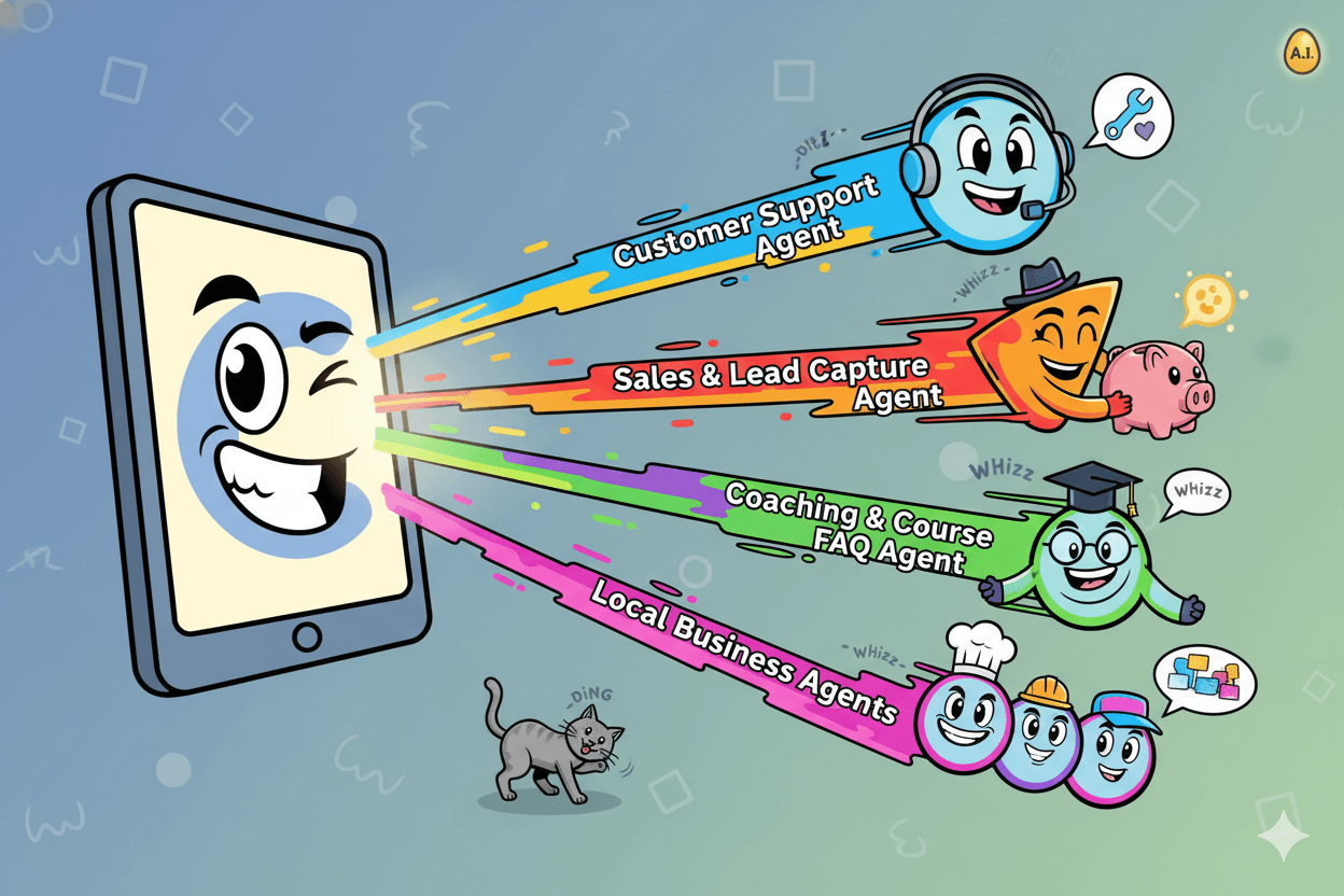 Una ilustración lúdica de un smartphone generando varios agentes de chat de IA de dibujos animados para diferentes funciones empresariales.
